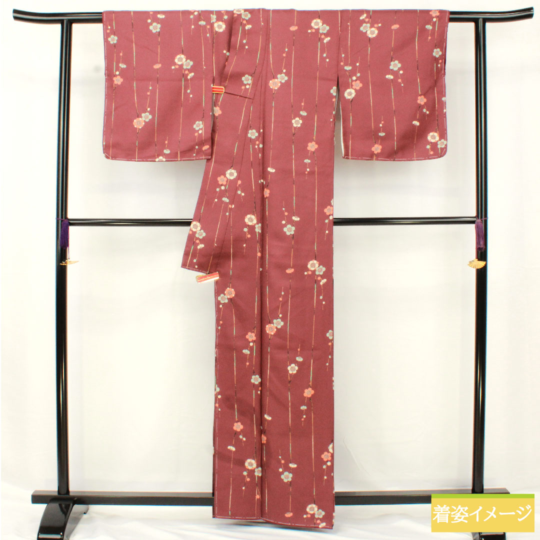 小紋 ポリエステル 身丈162cm 裄丈65.5cm 袷 紫土色（しどいろ） 洗える着物 梅 しつけ糸付き Aランク 紫系 1115004853420