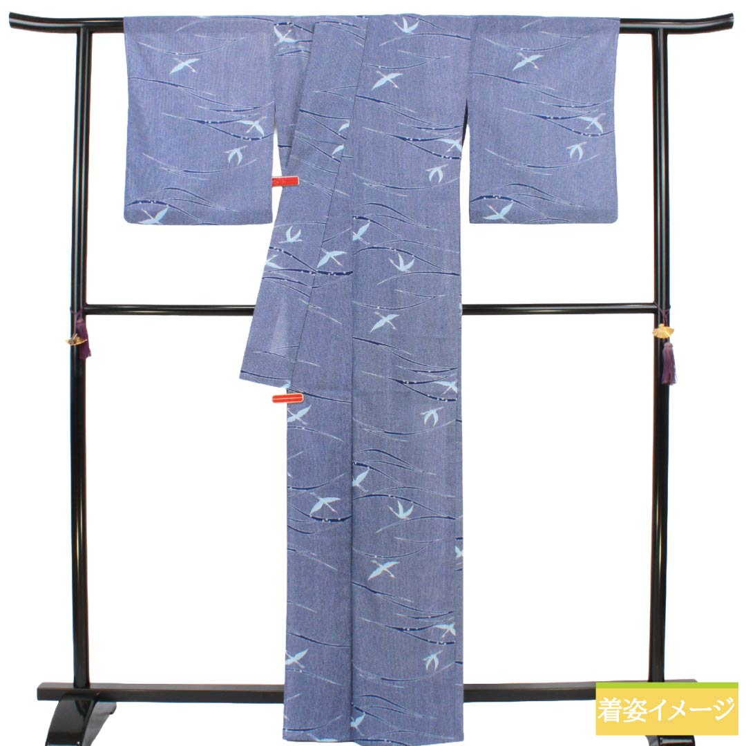 夏物 ポリエステル 小紋 Aランク 身丈165.5cm 裄丈66cm 鶴 草葉模様 洗える着物 絽 紺系 1132005423518