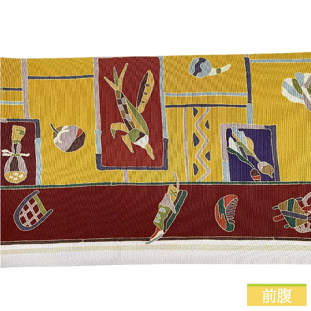 名古屋帯 正絹 錫色（すずいろ） 野菜柄 長尺 農機具 帯丈384cm Sランク 全通 カジュアル グレー系 1124006282422 開き仕立て