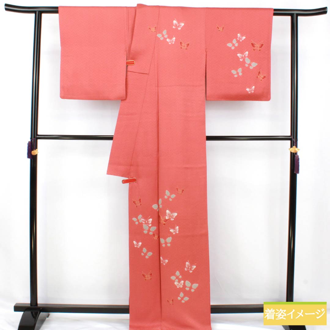 訪問着 正絹 Aランク 袷 身丈164cm 裄丈64.5cm 甚三紅色（じんざもみいろ） 京友禅 金駒刺繡 銀駒刺繍 絞り 蝶 赤系 1112007393412