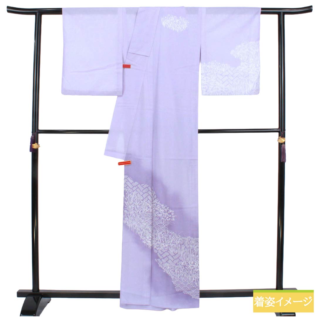 夏物 ポリエステル 付下げ Aランク 身丈161cm 裄丈64cm 薄藤色（うすふじいろ） 洗える着物 古典柄  絽 紫系 1132006073420