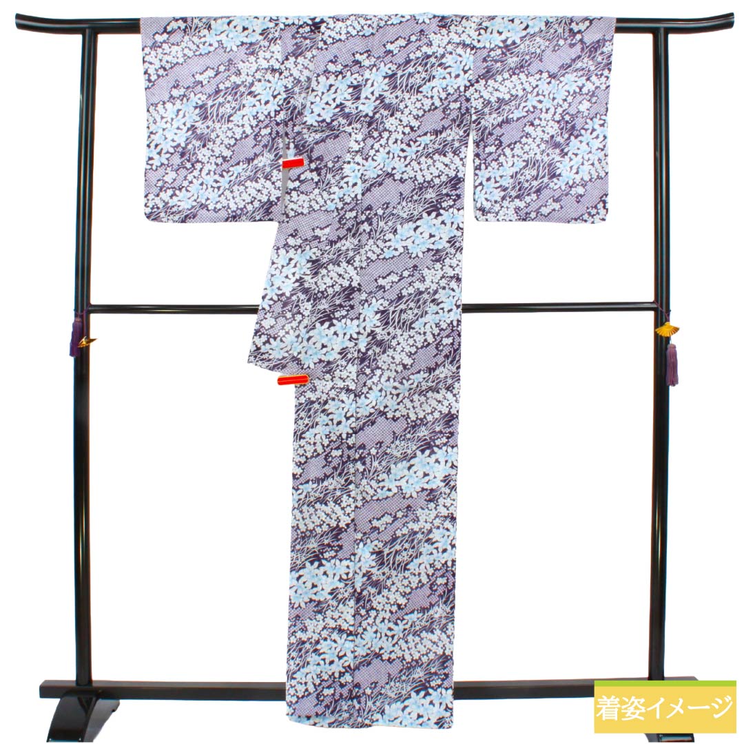 夏物 ポリエステル 小紋 Sランク 身丈161.5cm 裄丈64cm 紫褐色（しかっしょく） 洗える着物 草花模様 絽 紫系 1132005952420