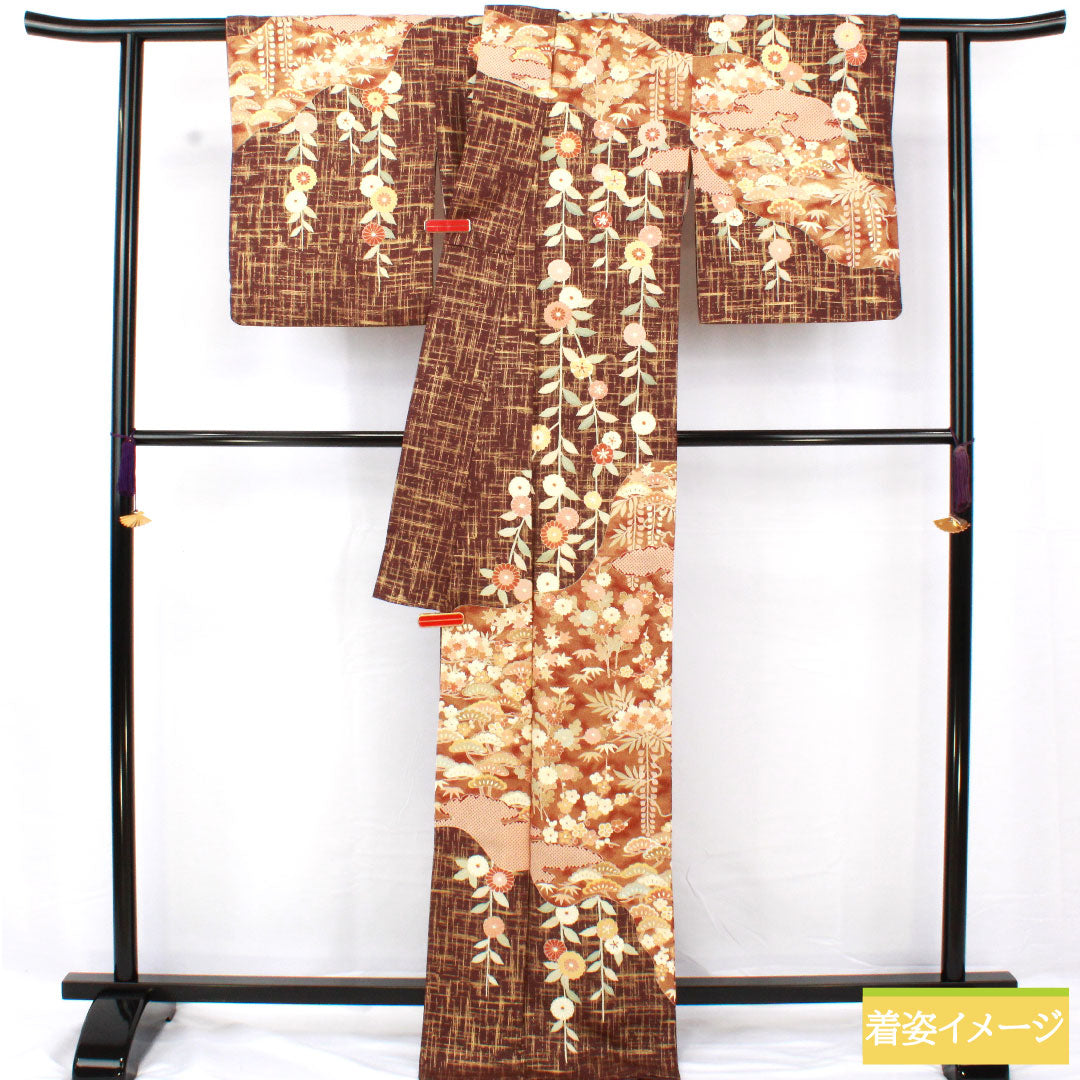 Homongi, pure silk, lined, length 170.5cm, sleeve length 63.5cm, black and red plum color, Kyoto Yuzen, pine, bamboo, plum, chrysanthemum, S rank, brown, 1112004982614