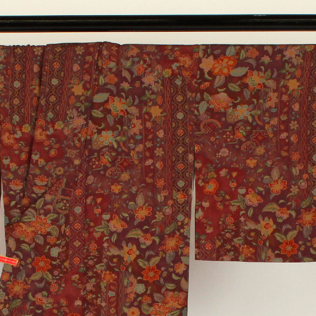 小紋 身丈160cm 裄丈64cm 袷  洗える着物 更紗柄 ポリ Aランク 茶系 1115000223314