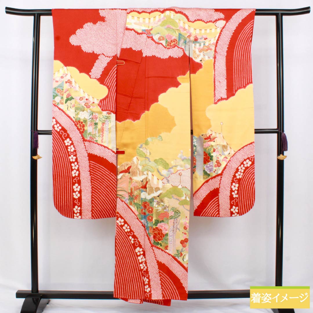 振袖 正絹 Sランク 身丈152cm 裄丈61cm 袷 緋色（ひいろ） 京友禅 吉祥文様 鶴 梅 松 赤系 1113002182212