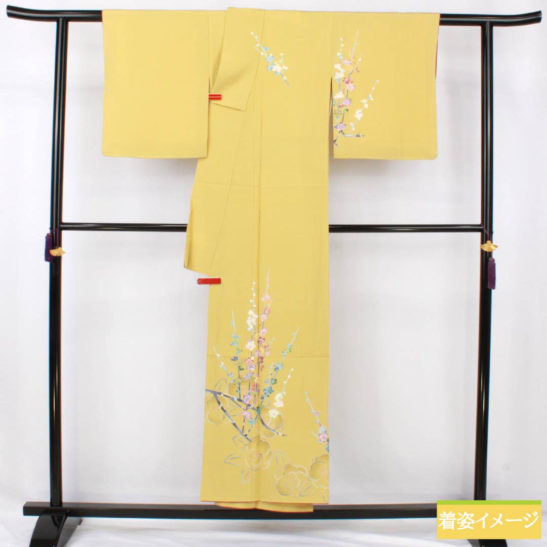 訪問着 正絹 Sランク 袷 身丈149.5cm 裄丈63cm 卵色（たまごいろ） 加賀友禅 手描き 峰山 作家物 草花 黄系 1112007262123