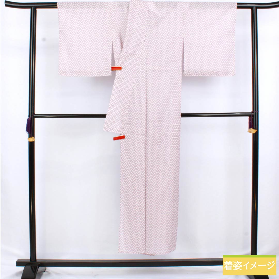 夏物 ポリエステル 小紋 身丈148.5cm 裄丈61cm 半色（はしたいろ） 抽象模様 洗える着物 絽 Aランク 紫系 1132002513120