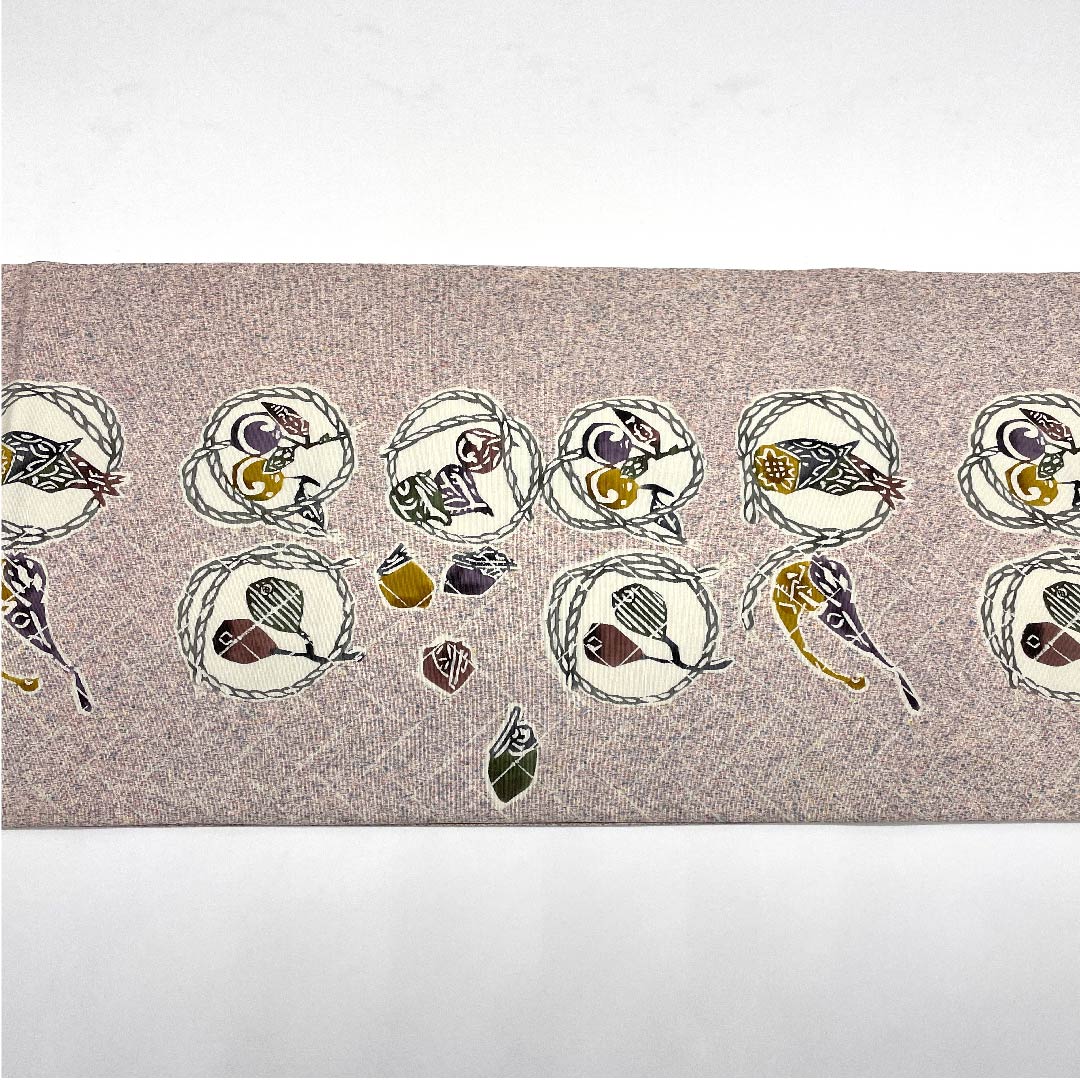 袋帯 桜色（さくらいろ） 野菜模様 染帯 紬地 帯丈456cm 正絹 Sランク 全通 カジュアル ピンク系 1123005742413