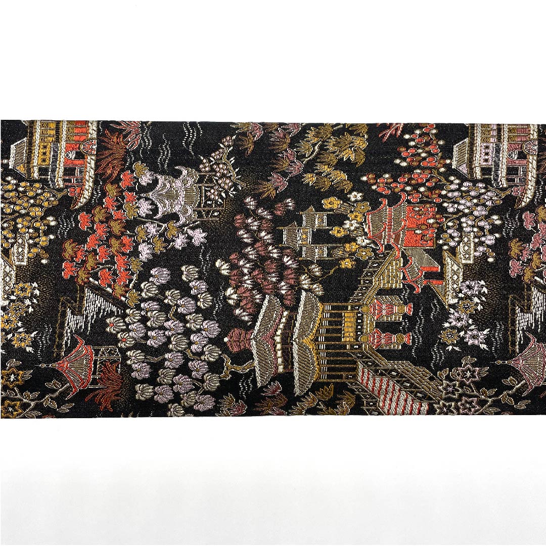 名古屋帯 黒色 寺院 花模様 帯丈339cm 正絹 Sランク 全通 カジュアル 黒系 1124003792310  名古屋仕立て