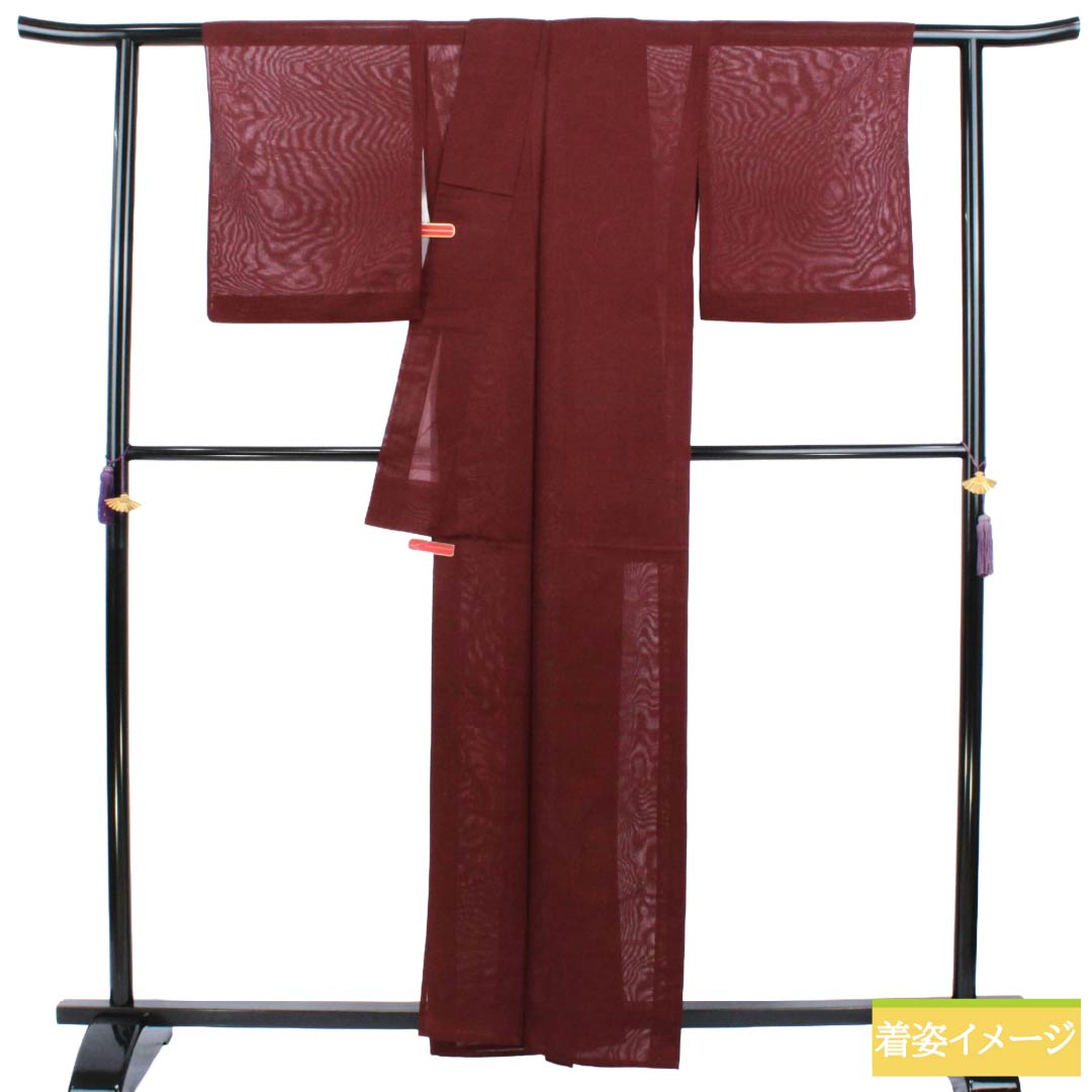 夏物 正絹 色無地 Sランク 身丈160.5cm 裄丈66cm 木蘭色（もくらんじき） 草の葉 紋紗 紗 赤系 1132003692412