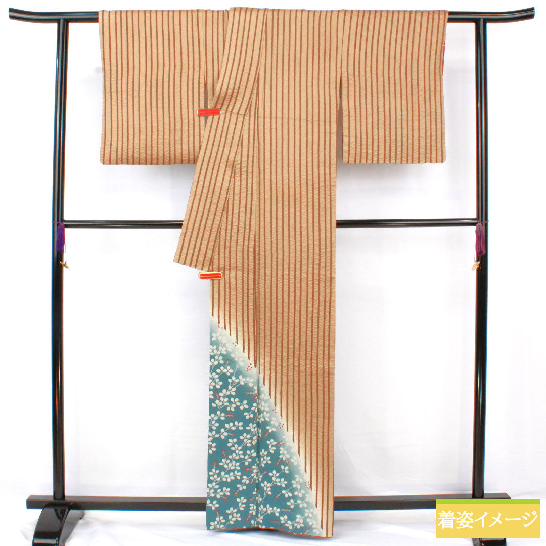 Homongi, pure silk, lined, length 165cm, sleeve length 63cm, earth color, stripes, bush clover, A rank, brown, 1112005743514
