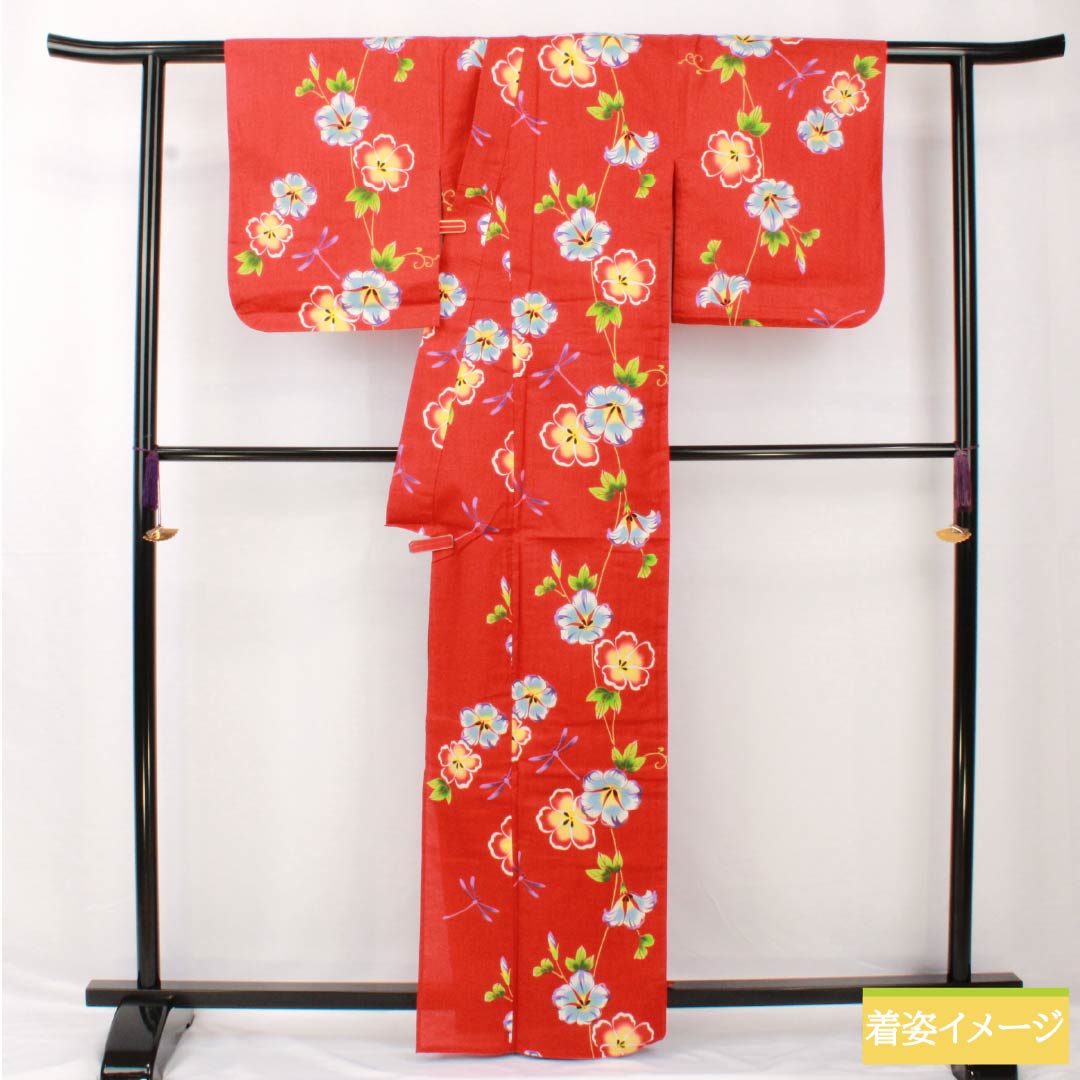 浴衣 木綿 身丈164.5cm 裄丈67.5cm Sランク 単衣 赤系 辰砂色（しんしゃいろ） ハイビスカス トンボ 1118005402412