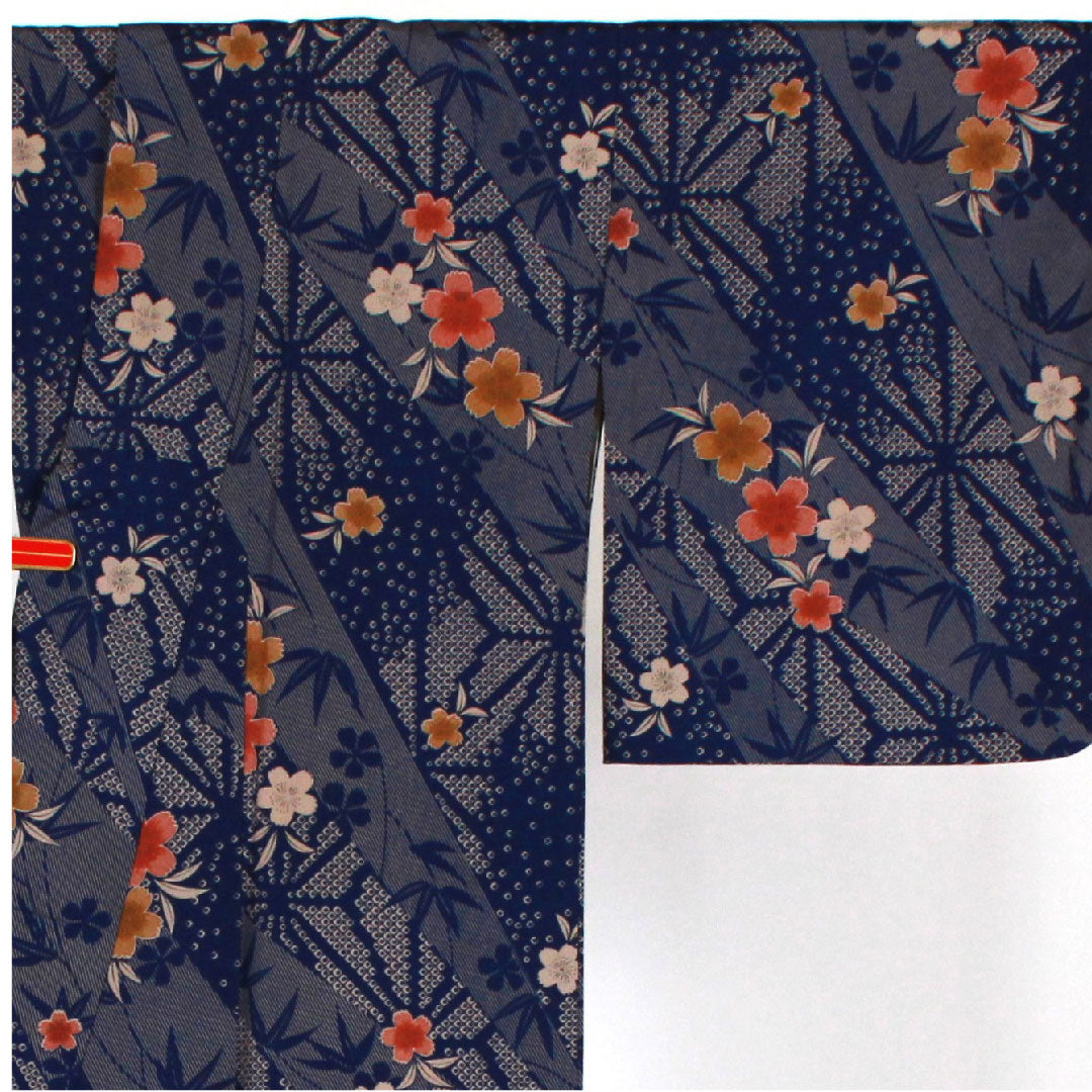 Small pattern, Length 163cm, Sleeve length 64cm, Awase, Cherry blossoms, Bamboo, Washable kimono, Polyester, S rank, Navy, 1115000782318
