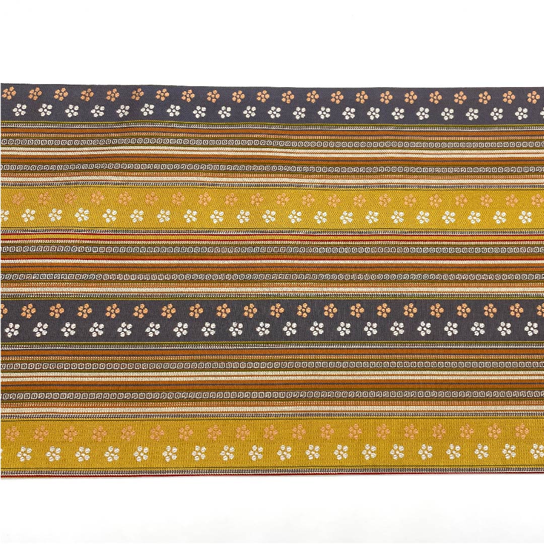 袋帯 縞 花模様 帯丈442cm 正絹 Aランク 全通 カジュアル グラデーション系 1123005973399