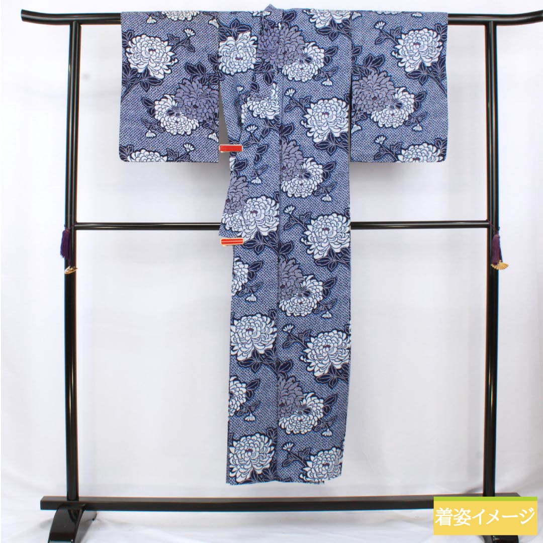 浴衣 木綿 身丈146.5cm 裄丈60.5cm Sランク 単衣 紺系 菊 リップル 1118006552118