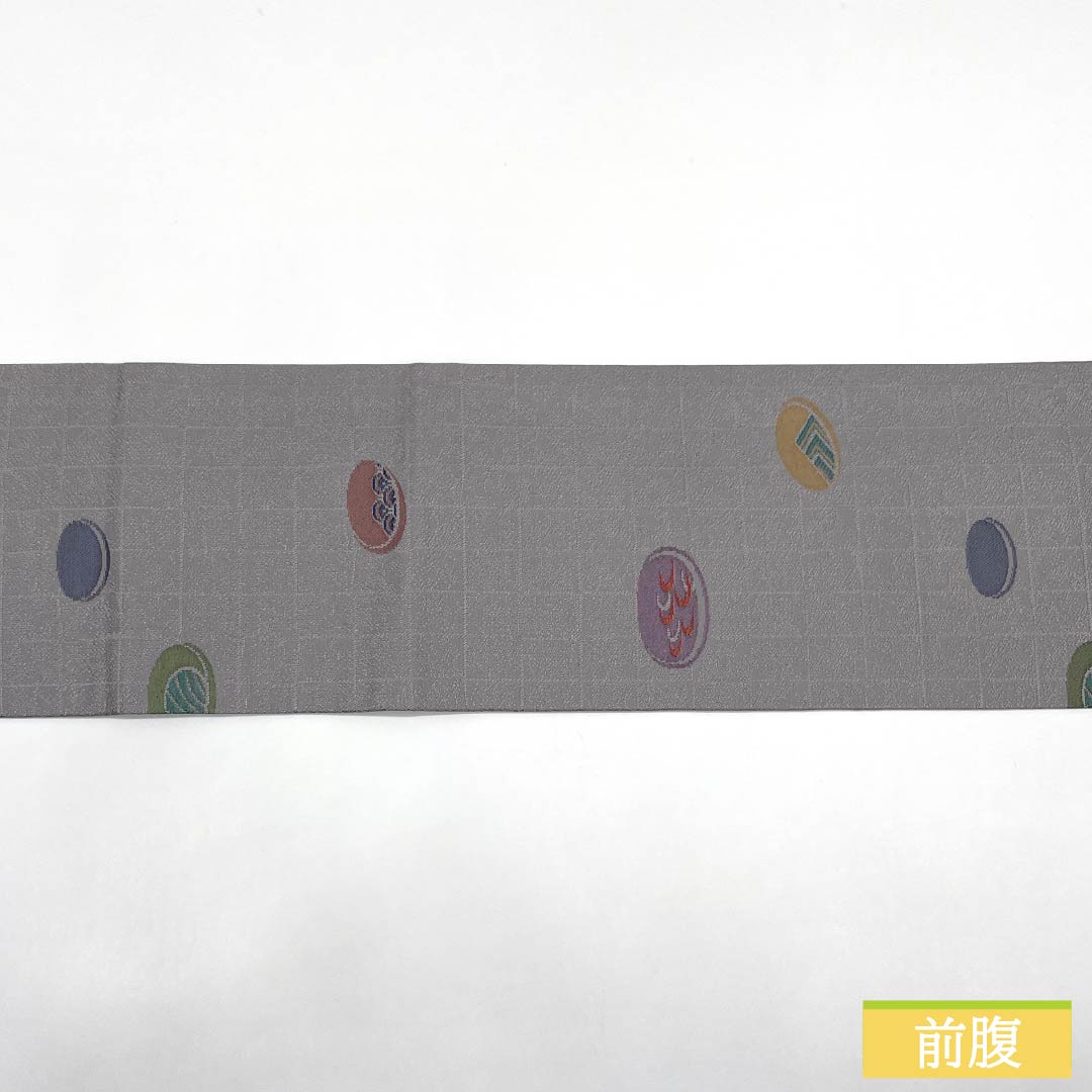 名古屋帯 正絹 Sランク 錫色（すずいろ） 丸に古典柄 市松地 帯丈352cm 六通 カジュアル グレー系 1124010782322 名古屋仕立て