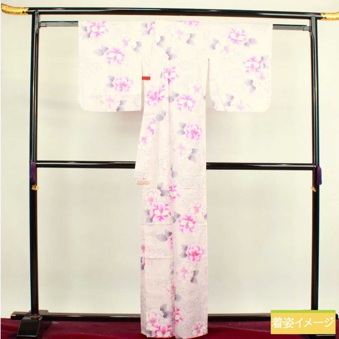 浴衣 木綿 身丈163cm 裄丈64.5cm Sランク 単衣 ピンク系 桜色（さくらいろ） 桜 菊 1118004542413