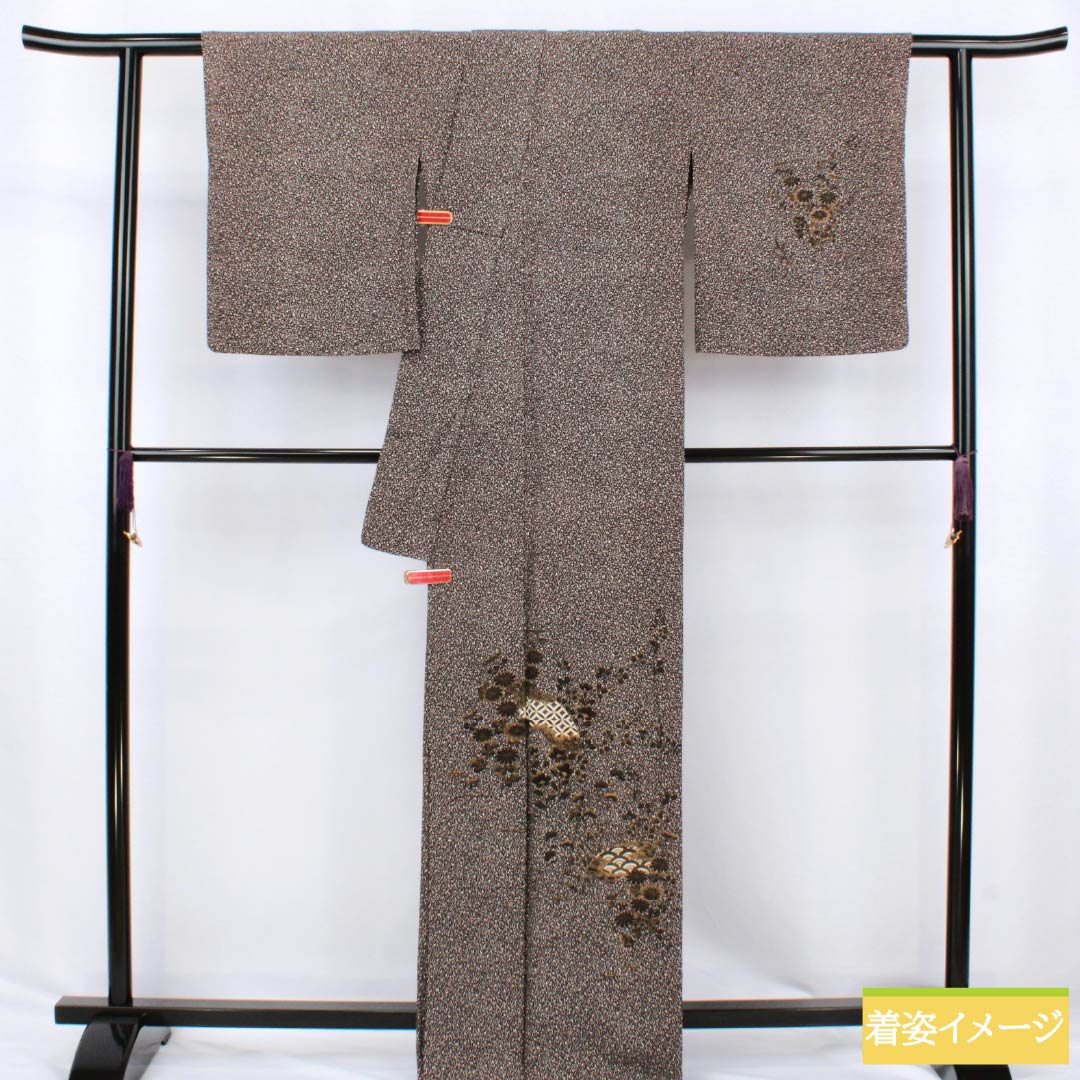訪問着 正絹 Sランク 袷 身丈165cm 裄丈65.5cm 黒鼠色（くろねずいろ） タタキ染 付下げ 扇面 草花 黒系 1112006702510