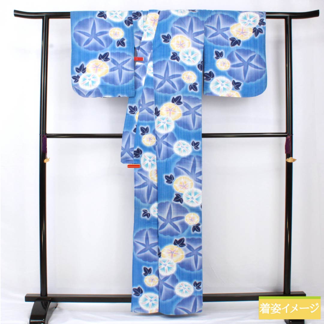 Yukata Cotton Length 163.5cm Sleeve length 66cm A rank Single layer Blue Sky color Morning glory 1118005243417