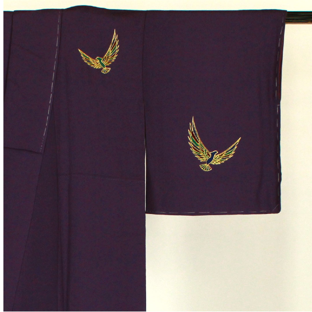 訪問着 袷 身丈154cm 裄丈62cm 斉藤三才 寿光織 鳥柄 正絹 Aランク 紫系 1112000883220