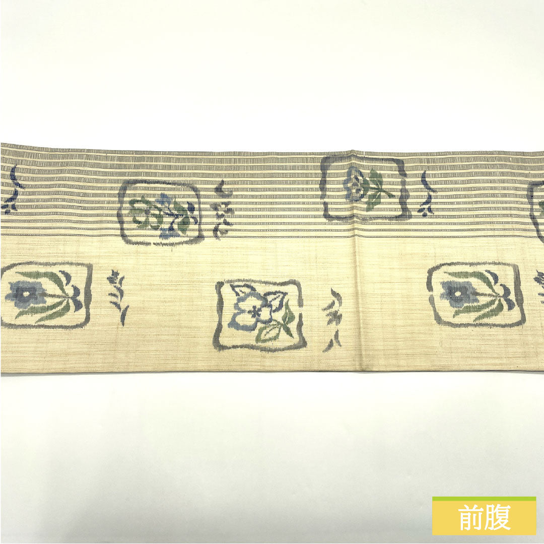 袋帯 正絹 Sランク 抽象花 紬地 帯丈442cm 全通 カジュアル クリーム系 1123016612315