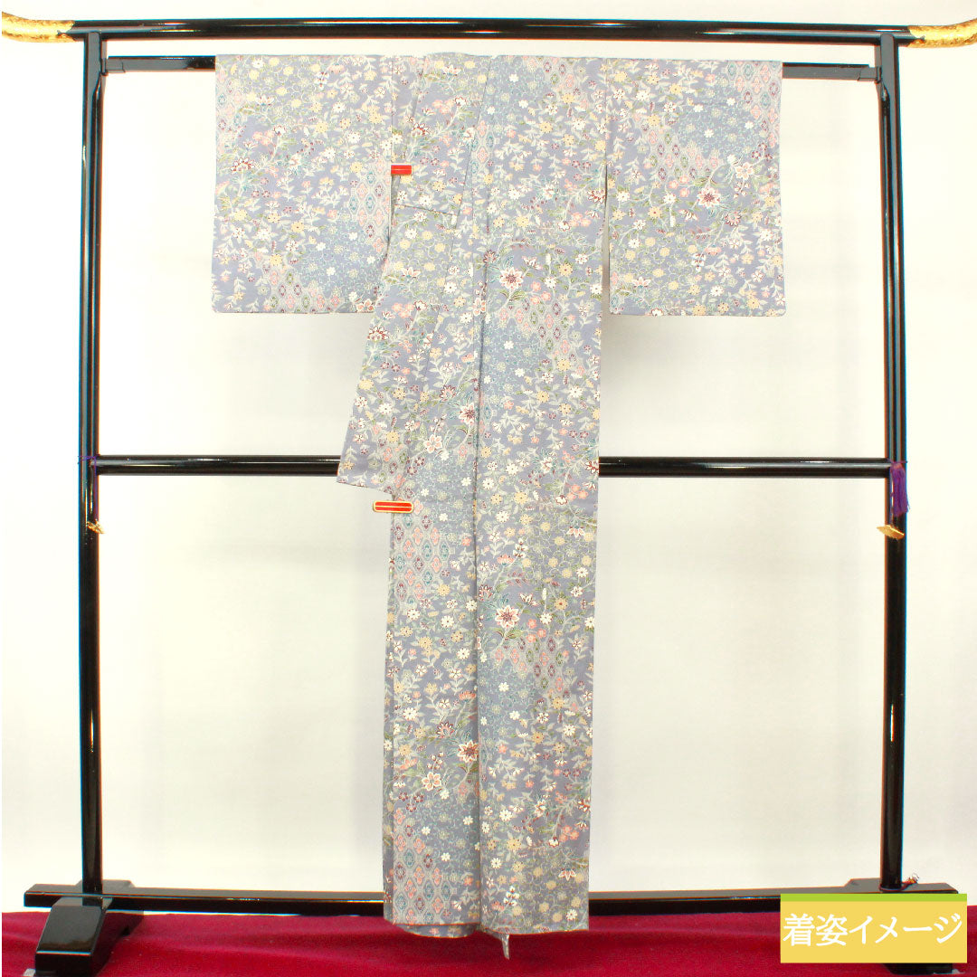 Komon, pure silk, length 159.5cm, sleeve length 62.5cm, lined, tsuruba nezumiiro (crane gray), pongee fabric, floral pattern, basting thread included, unused, S rank, purple, 1115004262320