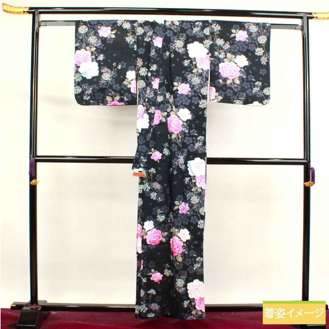 Yukata Cotton Length 159cm Sleeve length 64.5cm B rank Single layer Black Rose Gypsophila Cherry blossom 1118004554310