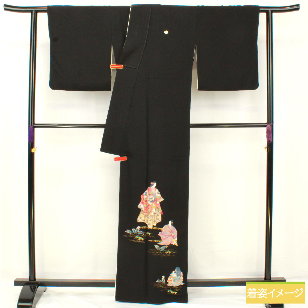 Black formal kimono, pure silk, length 164cm, sleeve length 69cm, lined, by artist, Kyoto yuzen, period figure, five crests, five-three paulownia, A rank, black, 1111001463410