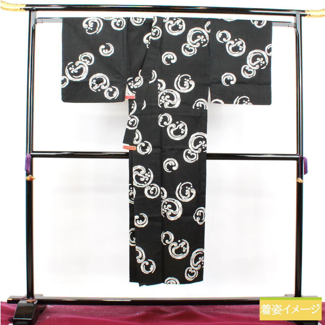 Yukata, cotton, length 144cm, sleeve length 67.5cm, S rank, single layer, black, men's, abstract pattern, Ryoko Kikuchi, 1118004952410