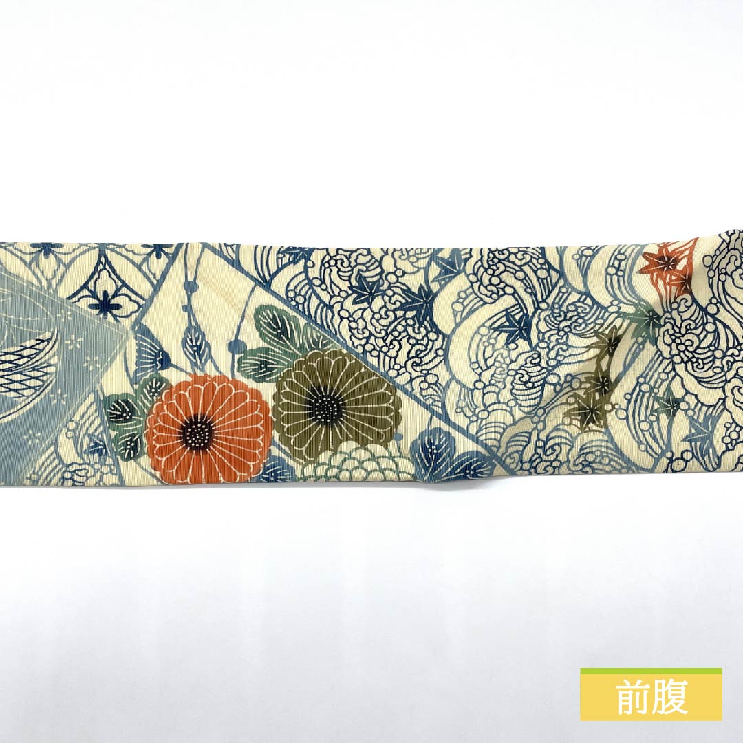 Nagoya obi, natural color (kinariiro), stencil dyeing, Shippo, bamboo, obi length 365cm, pure silk, S rank, full length, casual, cream color, 1124008282315, Nagoya style