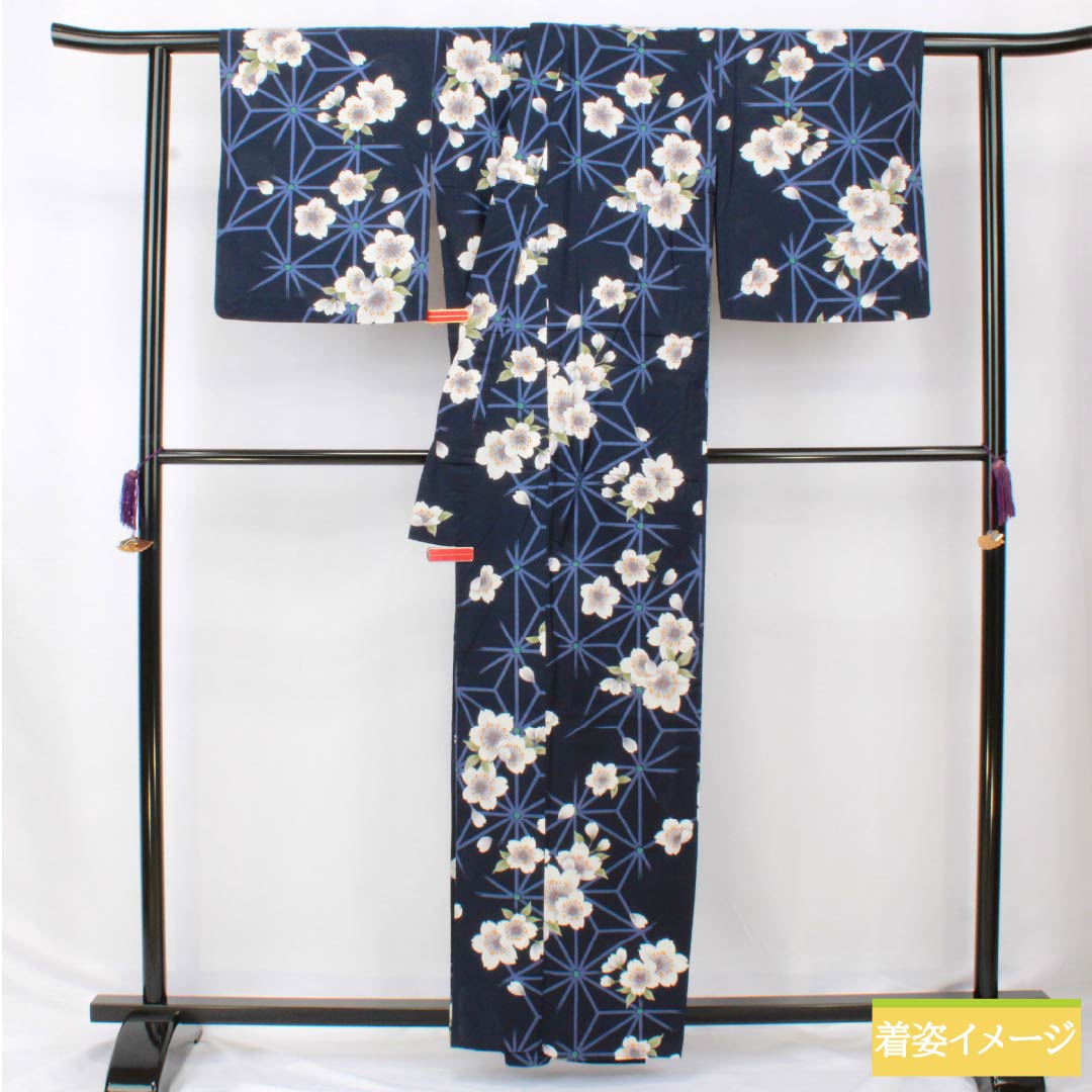 Cotton Yukata, Length 160cm, Sleeve Length 65cm, S Rank, Single Layer, Navy Blue, Cherry Blossom Design, 1118006162418