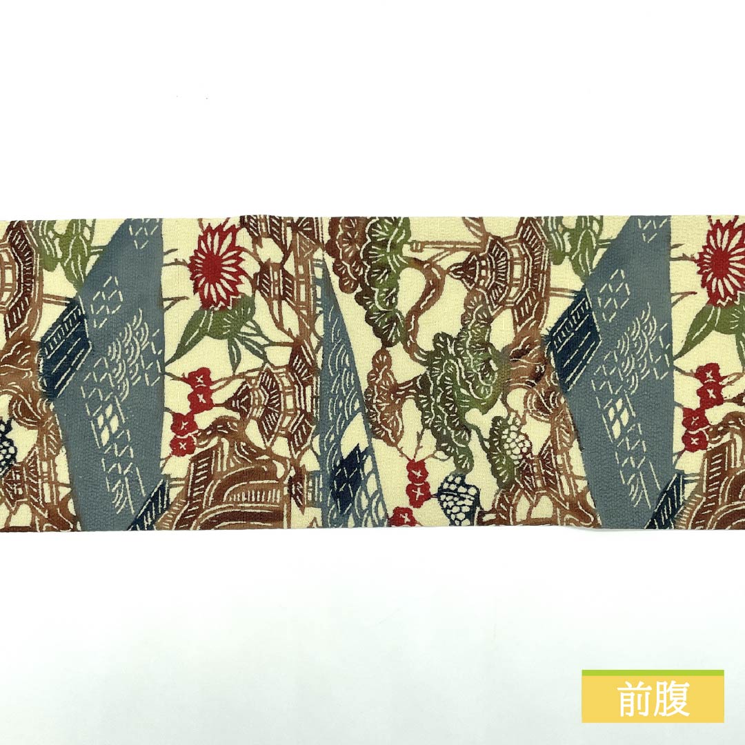 Nagoya obi, pure silk, gyoshikou-iro (fish roe yellow), Kyoto Bingata, Bingata-style pattern, landscape pattern, obi length 341cm, A rank, six-pass, semi-formal, beige, 1124007213325, Nagoya style