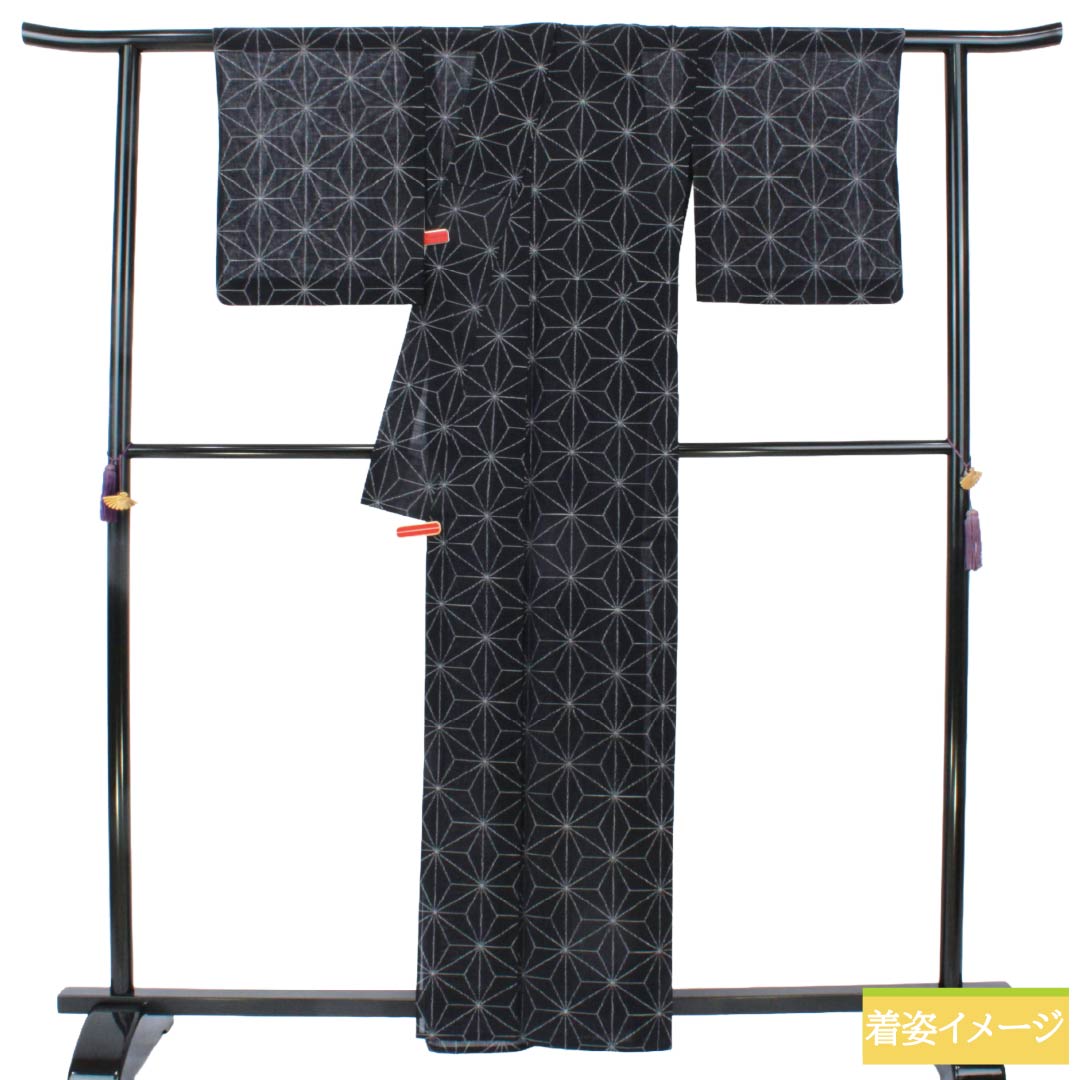 夏物 正絹 紬 Aランク 身丈160cm 裄丈65cm 濃紺色（のうこんいろ） 麻の葉 紗 紺系 1132006483418