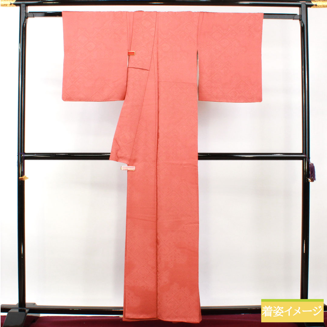 色無地 正絹 身丈160cm 裄丈66cm 中紅色（なかべにいろ） 一つ紋 中陰桔梗 袷 Aランク 朱系 1114001343416