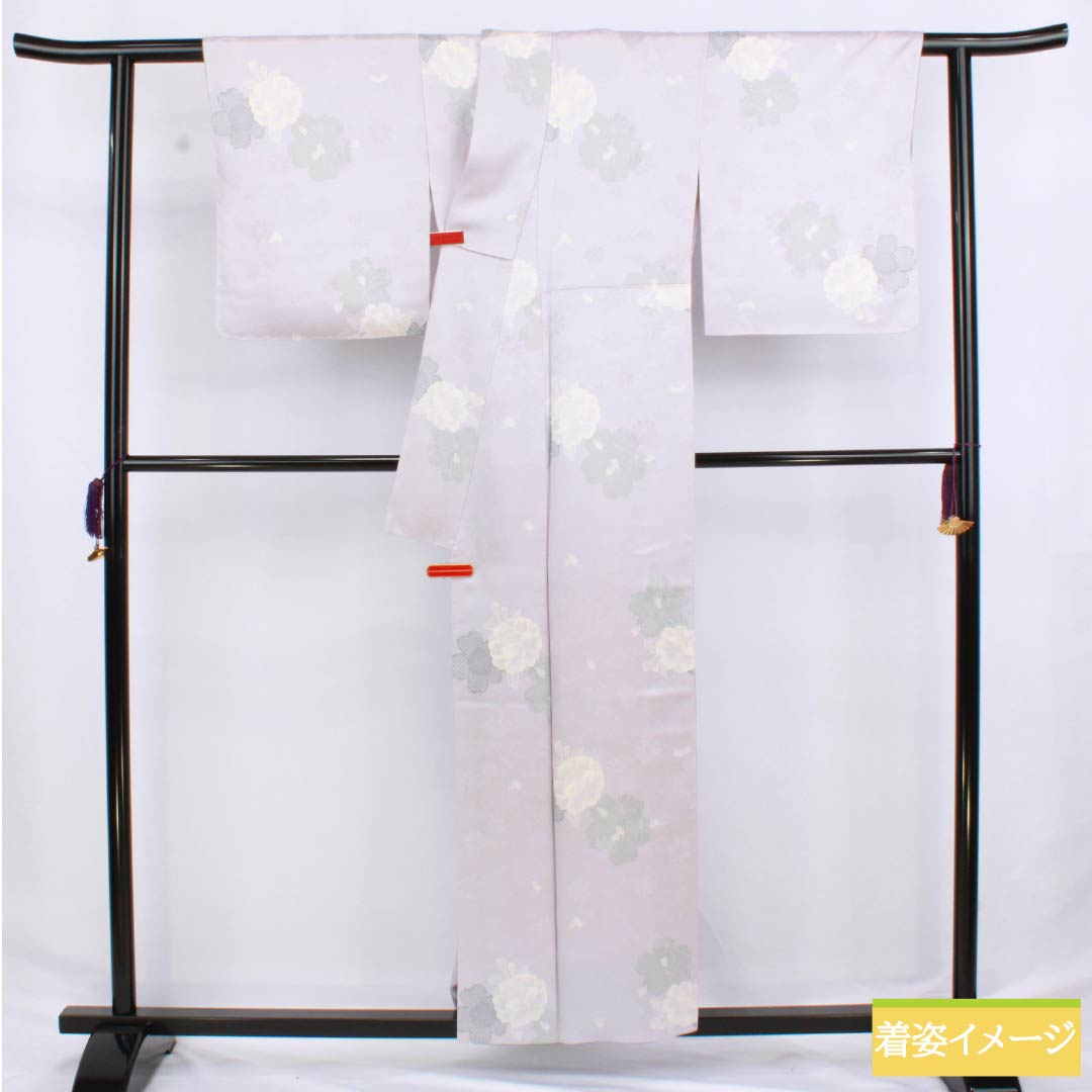 Komon (small pattern) kimono, pure silk, length 156cm, sleeve length 66cm, lined, hazy color (kasumi-iro), stencil-dyed, cherry blossom and camellia motifs, Kirara Guard, S rank, purple, 1115006192320