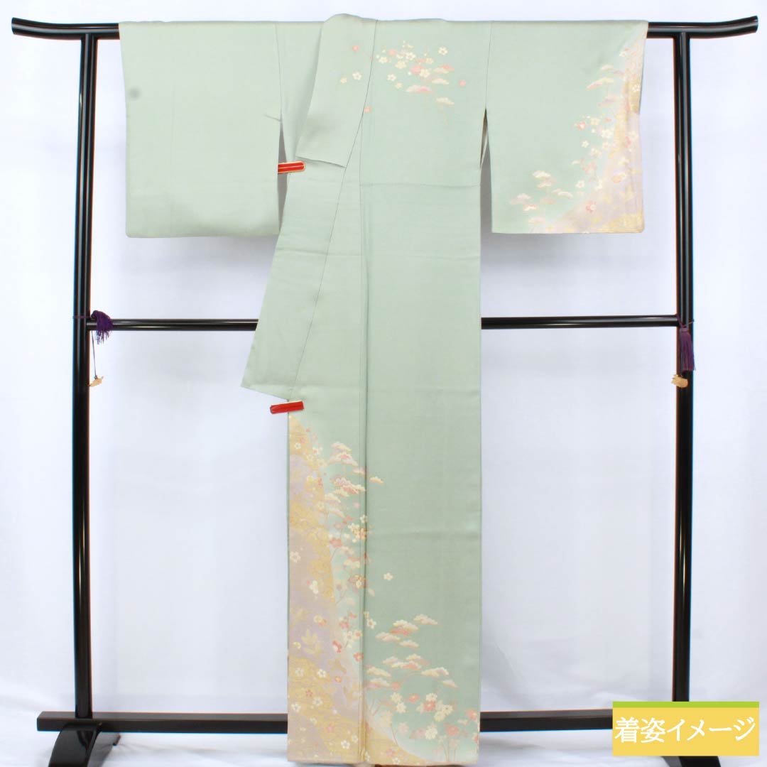 訪問着 正絹 Sランク 袷 身丈161cm 裄丈64cm 百緑色（びゃくろくいろ） 京友禅 草花 三松シルクケア 緑系 1112006222419