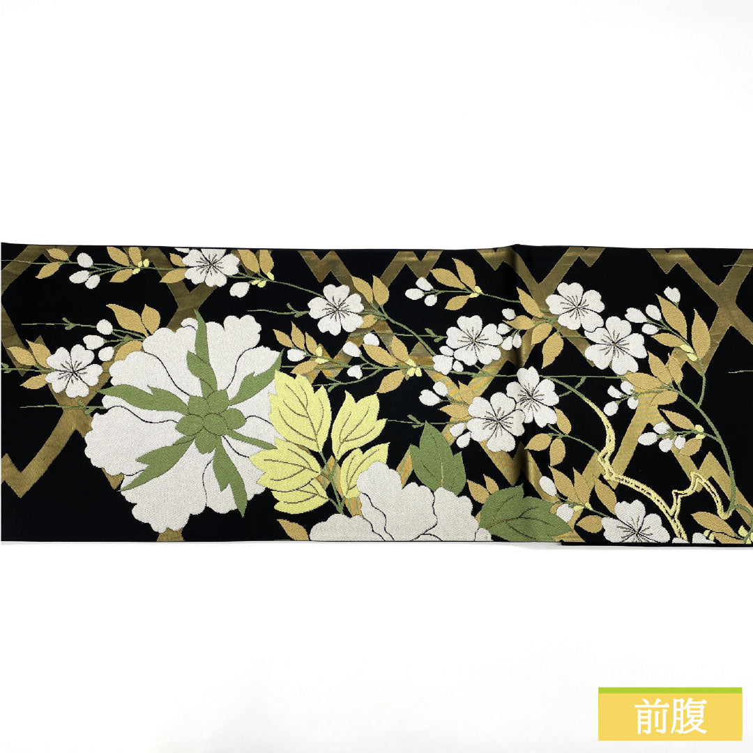 Fukuro obi, pure silk, S rank, Matsubishi, Nishijin-ori, floral, artisan-made, obi length 438cm, rokkutsu, semi-formal, black tones, 1123017372310