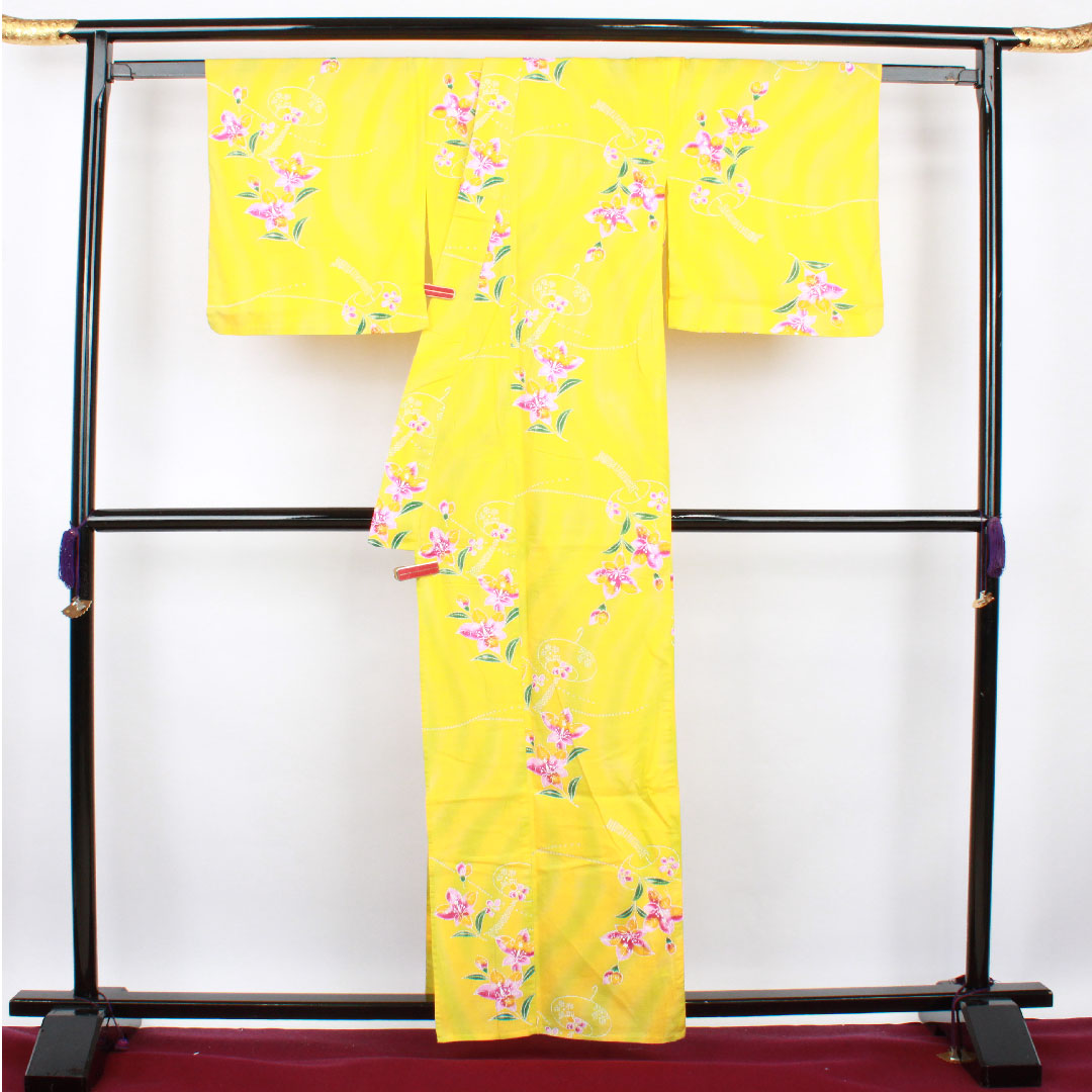 浴衣 向日葵色 風鈴 花模様 木綿 Aランク 単衣 身丈161.5cm 裄丈69cm 黄系 1118001033423