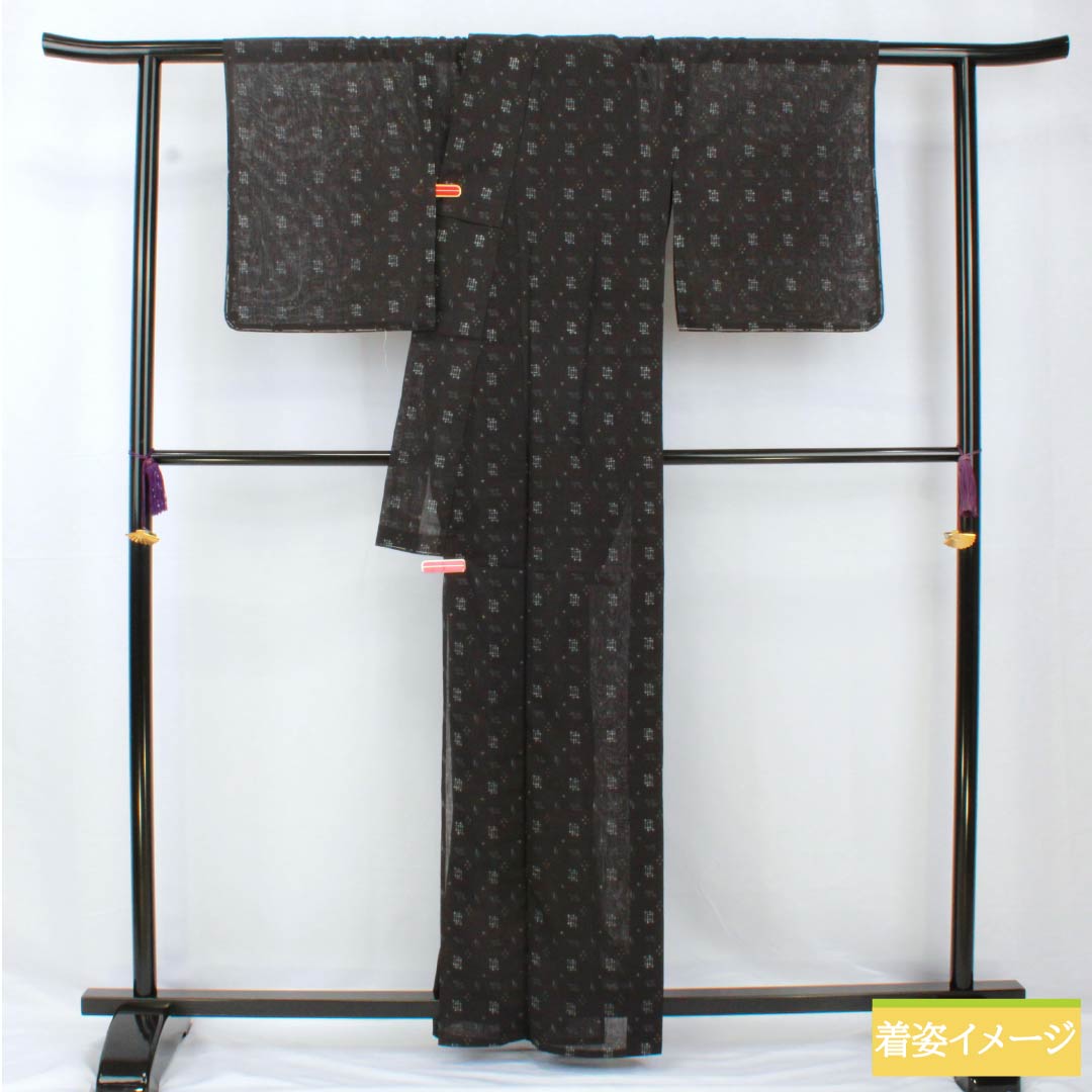 Summer kimono, polyester, small pattern, length 162cm, sleeve length 65cm, Ryukyu Kasuri style, washable kimono, gauze, S rank, black, 1132001952410