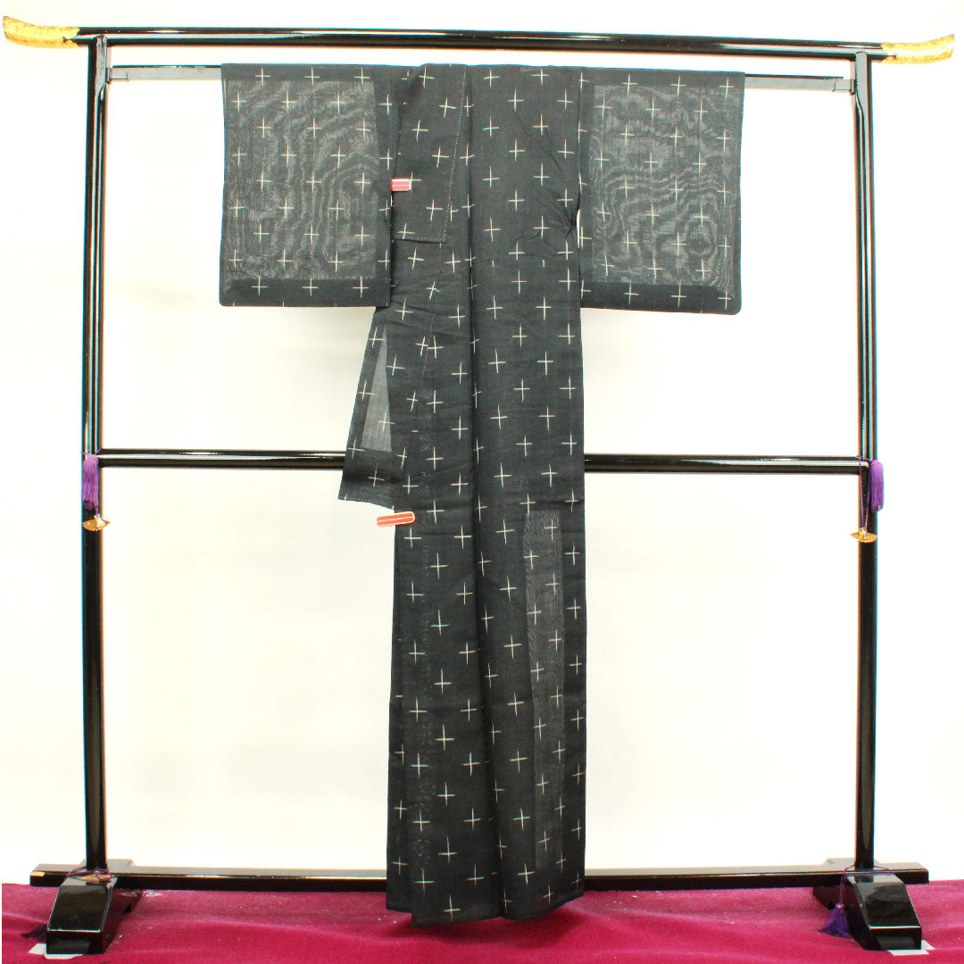 夏物 正絹 紬 身丈159cm 裄丈62cm 十字絣 紗 Sランク 黒系 1132000792310