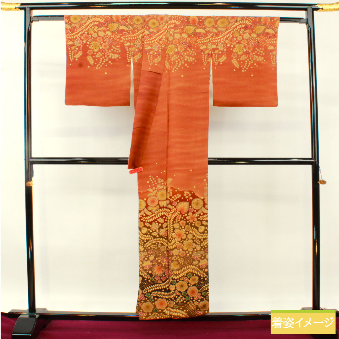 訪問着 正絹 袷 身丈153.5cm 裄丈67.5cm 赤錆色（あかさびいろ） 辻ヶ花 Aランク 茶系 1112004873214