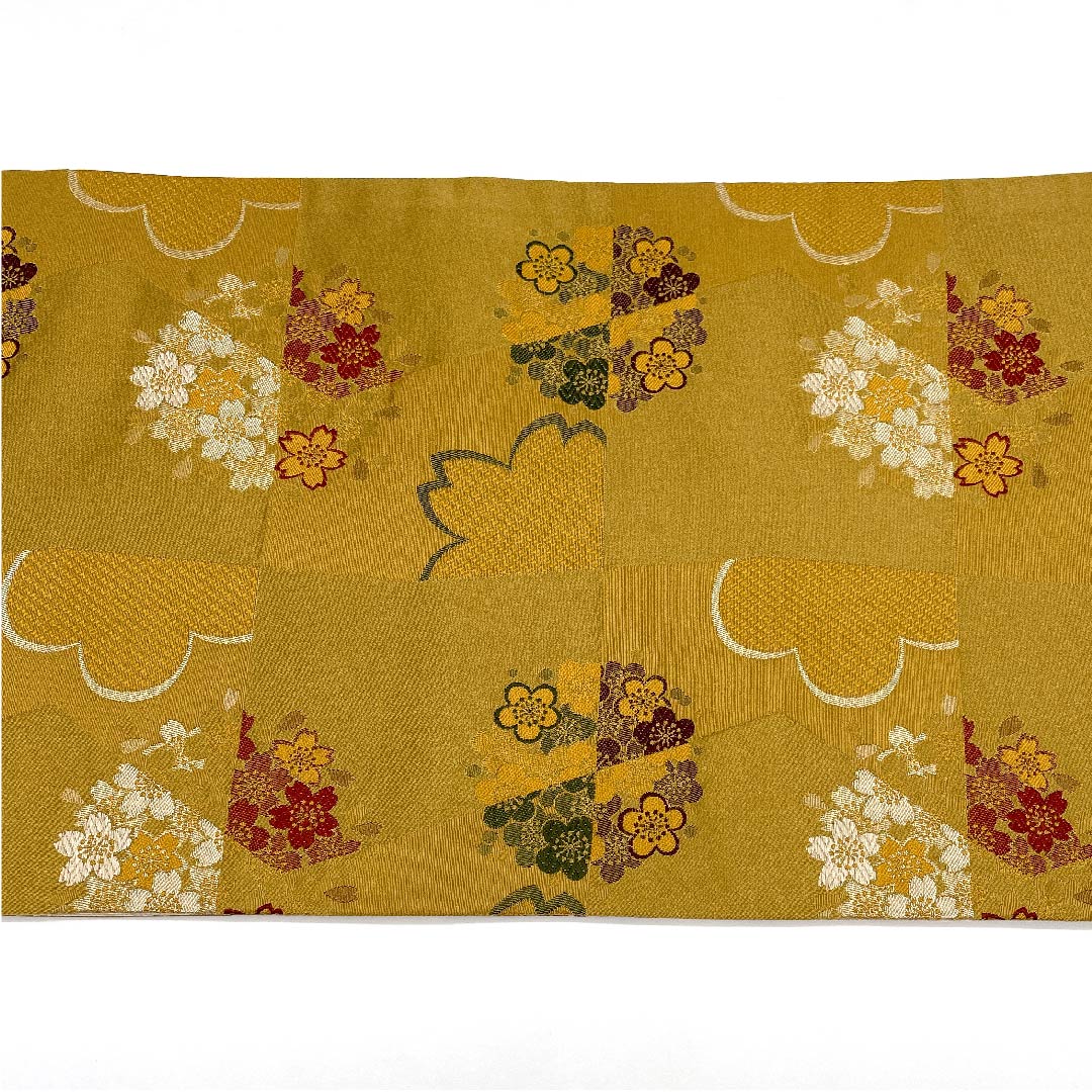 名古屋帯 京袋帯 梅谷渋色 桜 梅 変わり市松 帯丈392cm ポリ Aランク 全通 セミフォーマル 黄系 1124003353323  開き仕立て