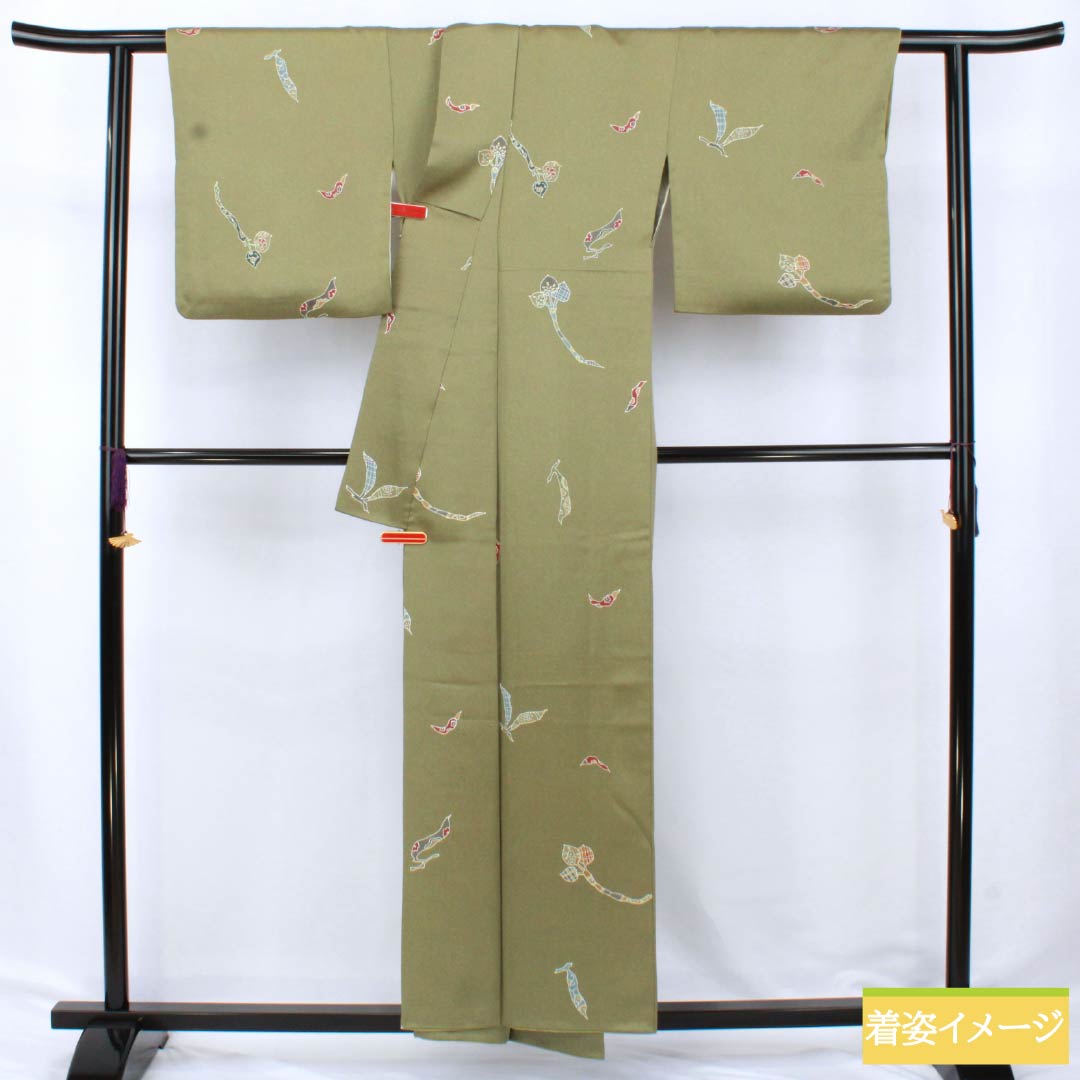 小紋 正絹 Aランク 身丈155cm 裄丈68cm 袷 利休生壁色（りきゅうなまかべいろ） 京野菜 緑系 1115007063319