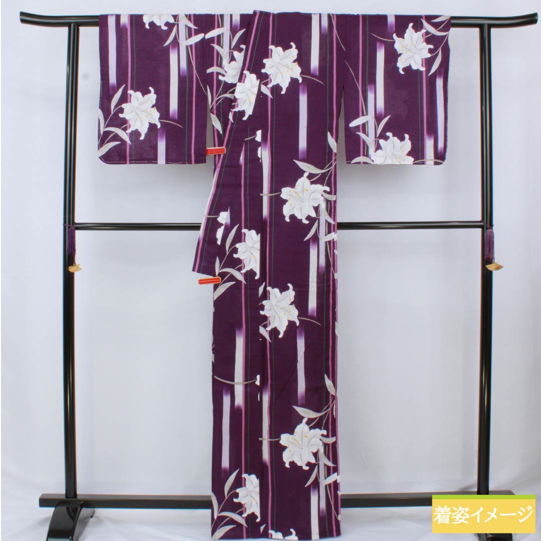浴衣 木綿 身丈164cm 裄丈66cm Sランク 単衣 紫系 茄子紺色（なすこんいろ） 百合 1118006602420