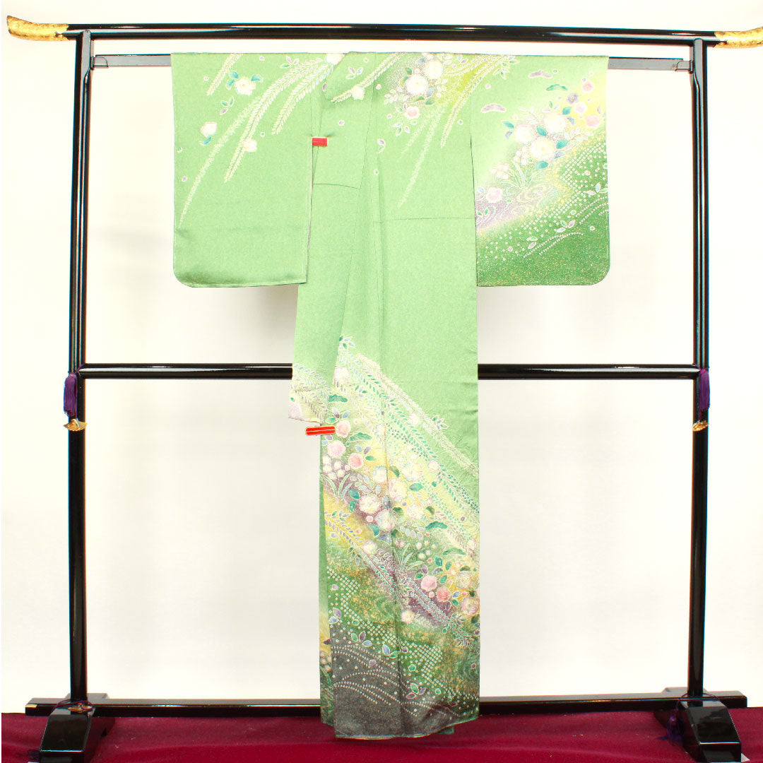 Homongi, lined, length 157.5cm, sleeve length 63cm, wasabi color, with basting thread, unused, Kyo-Yuzen, Tsujigahana, pure silk, S rank, green, 1112002702319