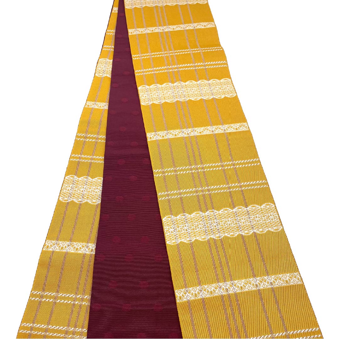 半幅帯 ポリエステル 帯丈386cm 雄黄色（ゆうおういろ） レース模様 格子模様 赤紫色（あかむらさきいろ） ドット 幾何学模様 黄系 Sランク 1125001472323