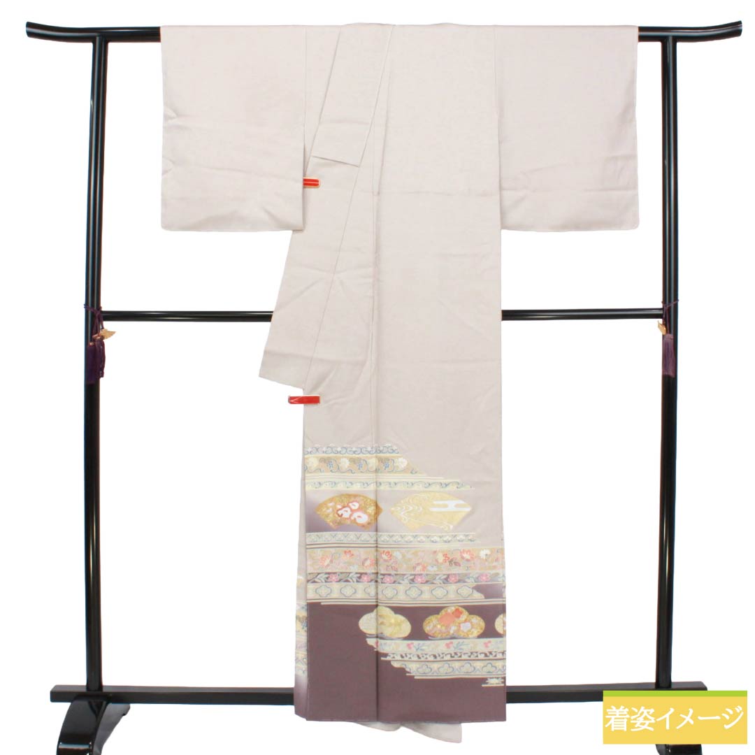 色留袖 正絹 Sランク 身丈158.5cm 裄丈65.5cm 袷 鴇色鼠色（ときいろねずいろ） 京友禅 扇面 草花模様 一つ紋 上り藤 一つ紋 グレー系 1111002242322