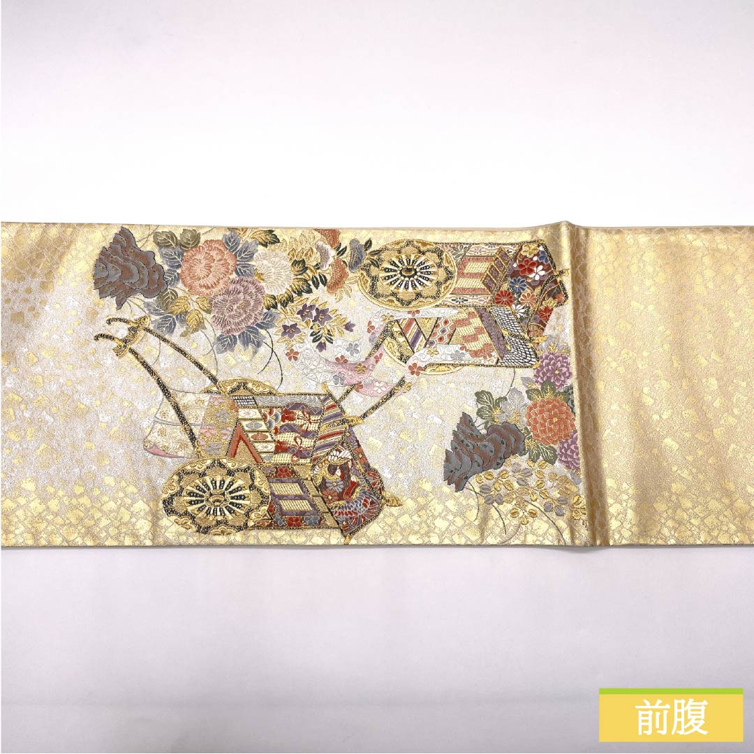 袋帯 正絹 御所車 留袖用 菊 松 牡丹 帯丈426cm Aランク 六通 フォーマル 金系 1123014673321