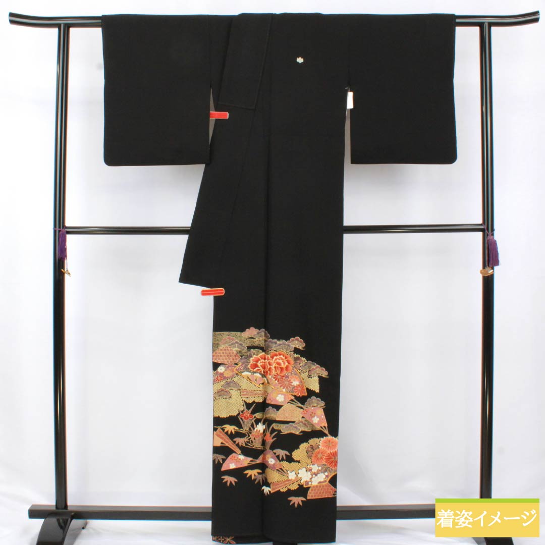 黒留袖 ポリエステル Aランク 身丈161cm 裄丈65cm 袷 京友禅 五つ紋 五三桐 松竹梅 扇 菊 洗える着物 五つ紋 黒系 1111001853410