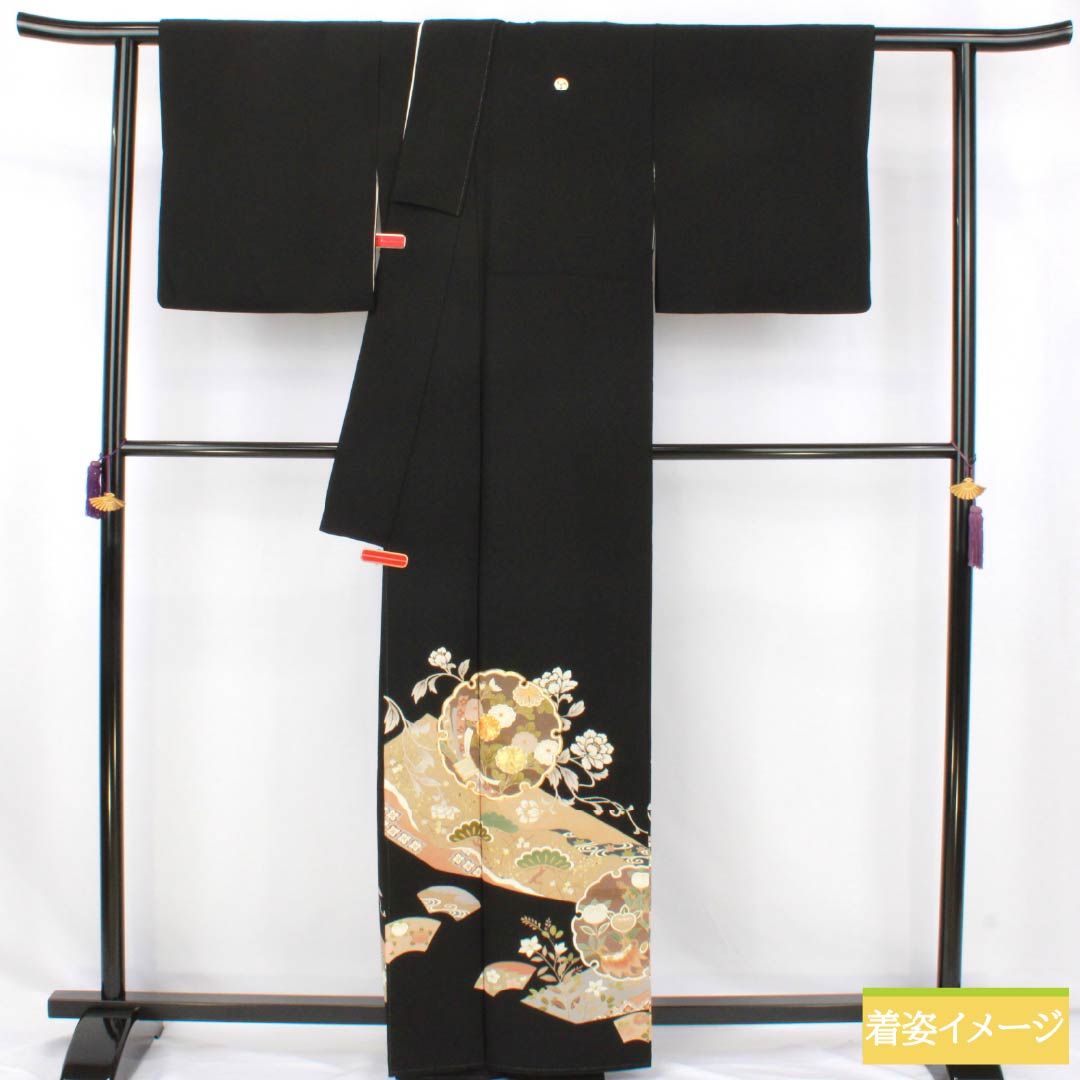 黒留袖 正絹 Bランク 身丈161cm 裄丈66cm 袷 京友禅 五つ紋 右に三つ巴 吉祥文様 雪輪 扇面 梅 五つ紋 黒系 1111001984410